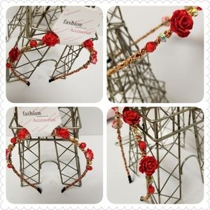 3/25🦋Red Headband with Roses and Rhinestone Decor New